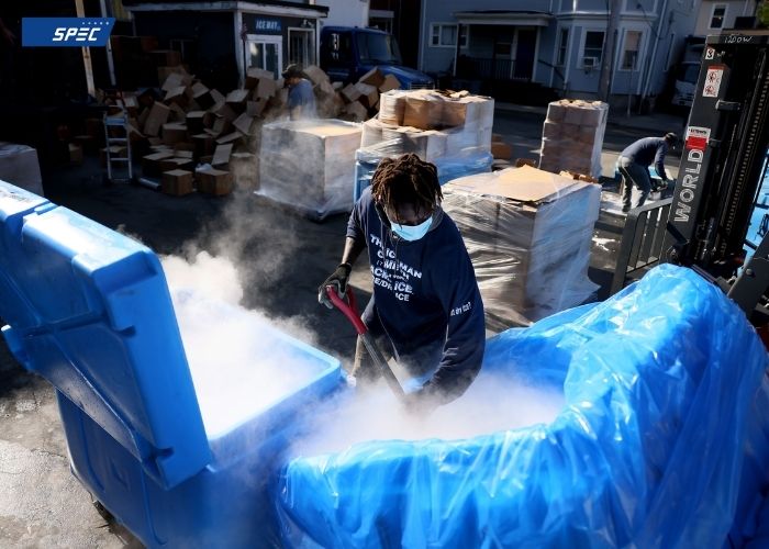 Dry ice is stored in insulated container 